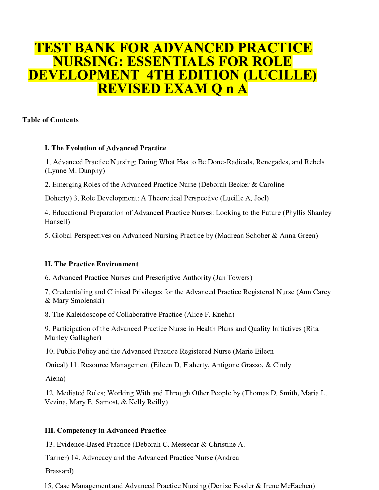 Preview image of Test bank for advanced practice nursing essentials for role development 4th edition. document